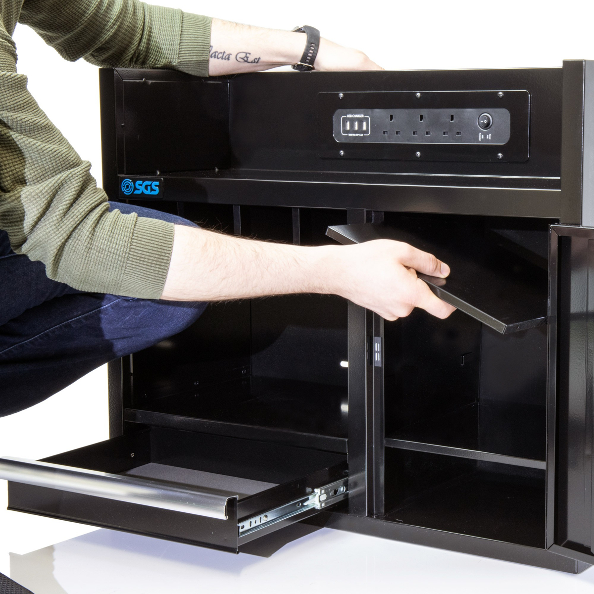 SGS 30in Wall Mounted Power Tool Storage Rack and Charging Station | 4 Slots | Drawer | Cabinet